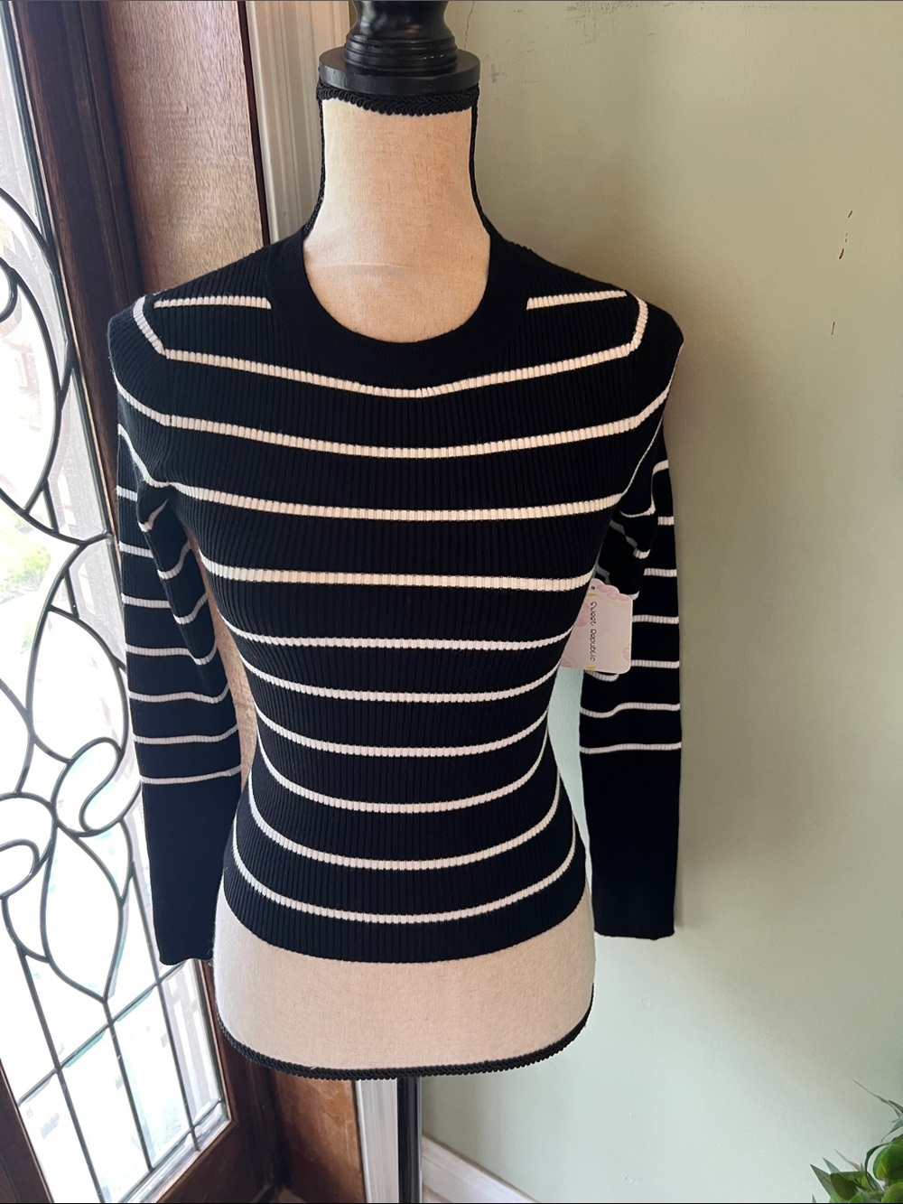 Black & White Striped Ribbed Crewneck Sweater by